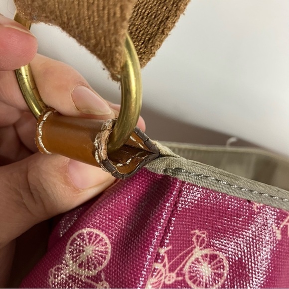 Fossil coated canvas messenger bag pink bicycle print leather trim - Picture 14 of 16